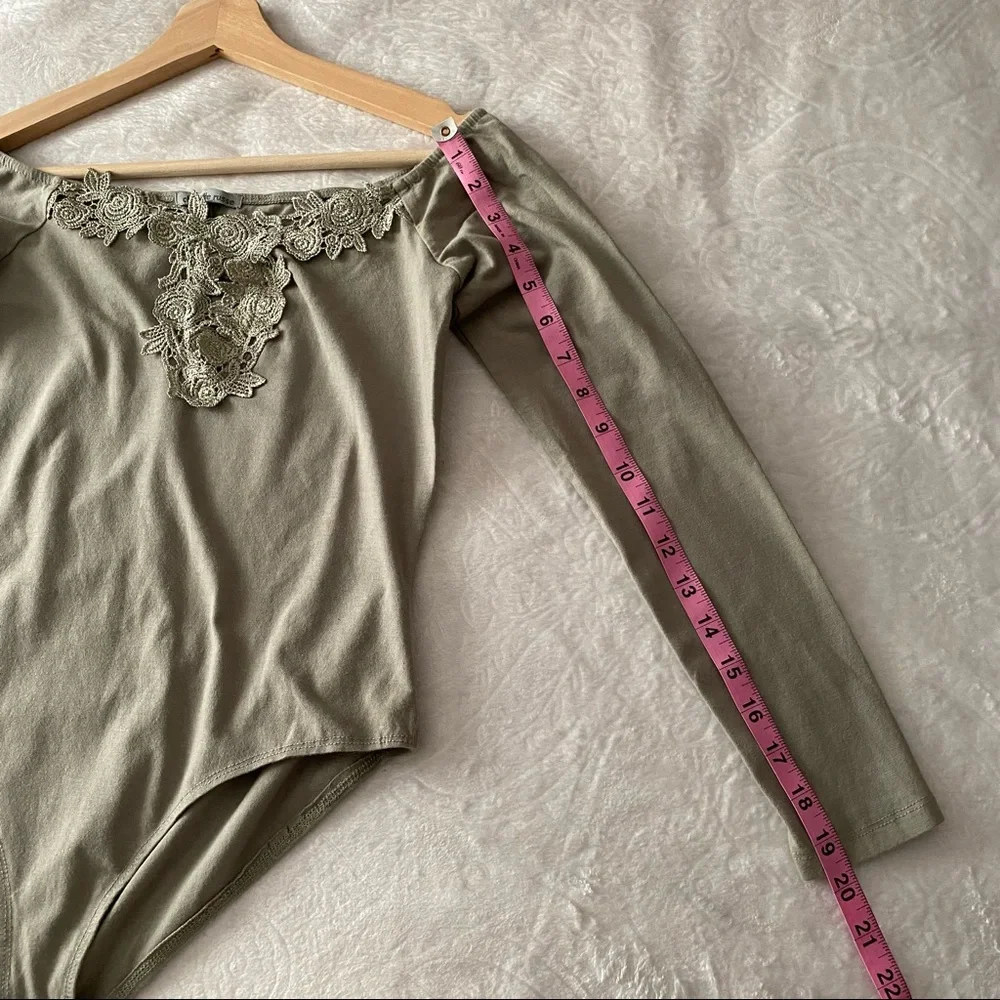 Sage Off Shoulder Floral Appliqué Neckline Bodysuit
